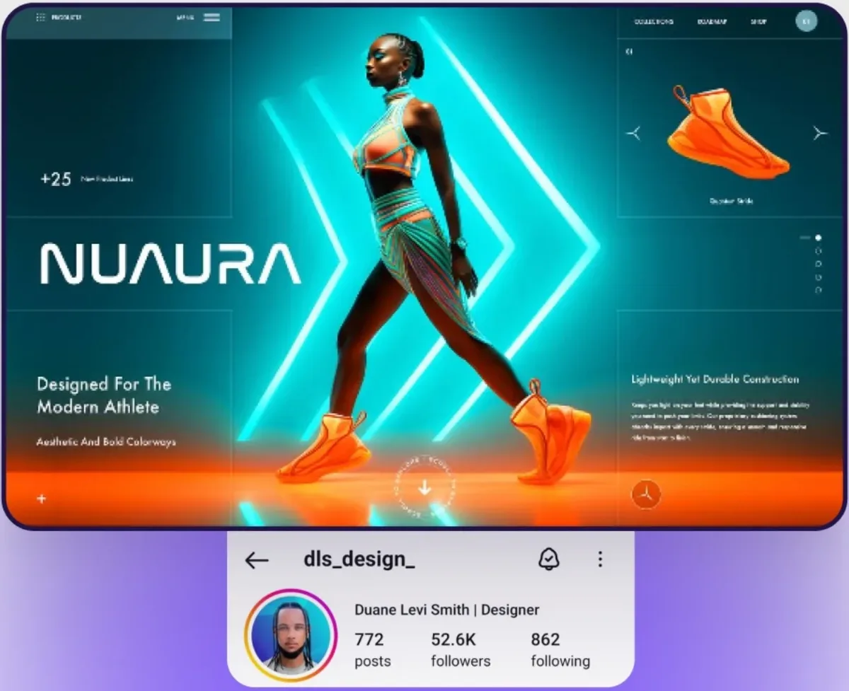 עיצוב מתוך החשבון dls_design_: אתר NUAURA עם דוגמנית ונעלי ספורט כתומות על רקע ניאון