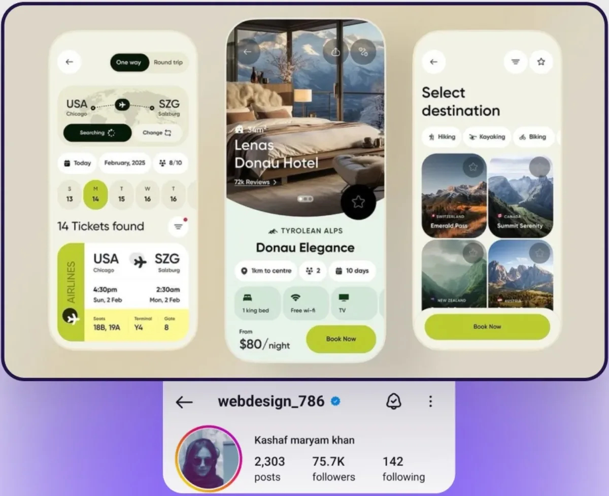 עיצוב מתוך החשבון webdesign_786: שלושה מסכי אפליקציית טיולים