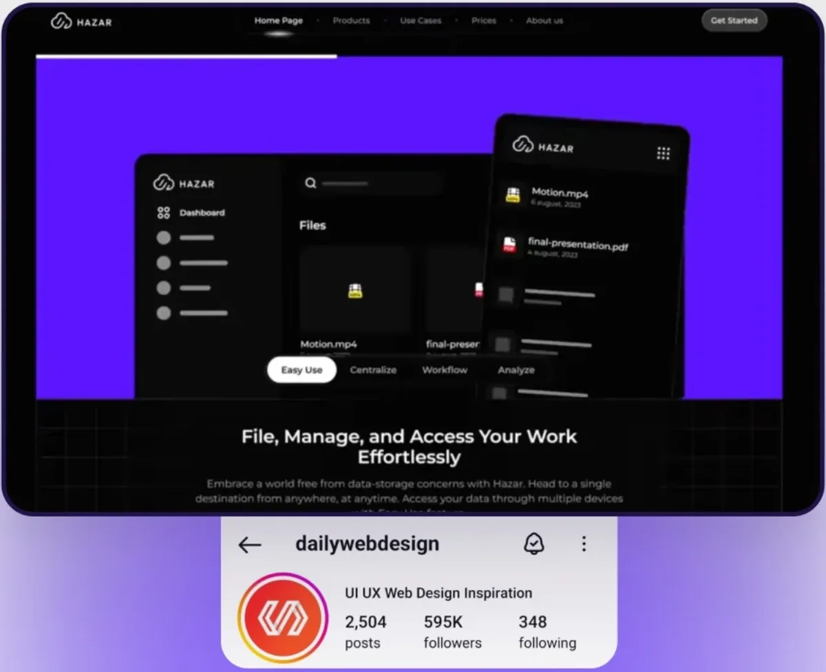 עיצוב מתוך החשבון dailywebdesign: אתר HAZAR עם מסכי ניהול קבצים על רקע סגול