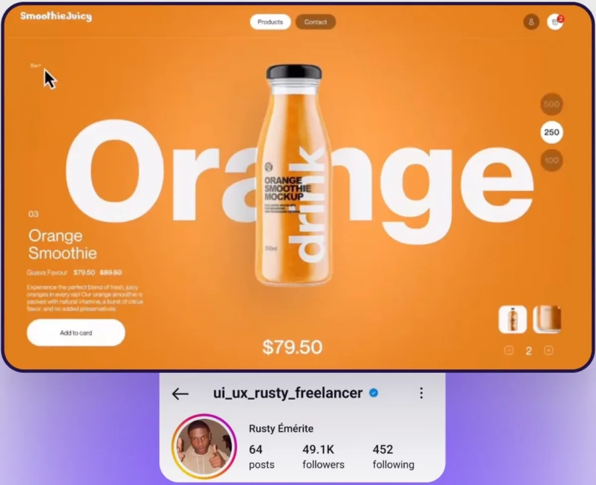 עיצוב מתוך החשבון ui_ux_rusty_freelancer: אתר שייק תפוזים עם בקבוק על מילה ענקית