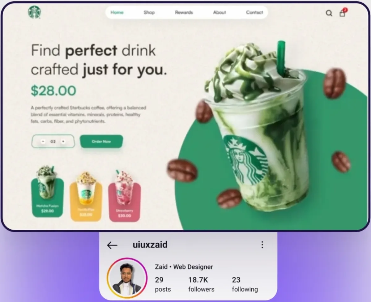 עיצוב מתוך החשבון uiuxzaid: אתר משקאות עם כוס פרפצ׳ינו ופולי קפה