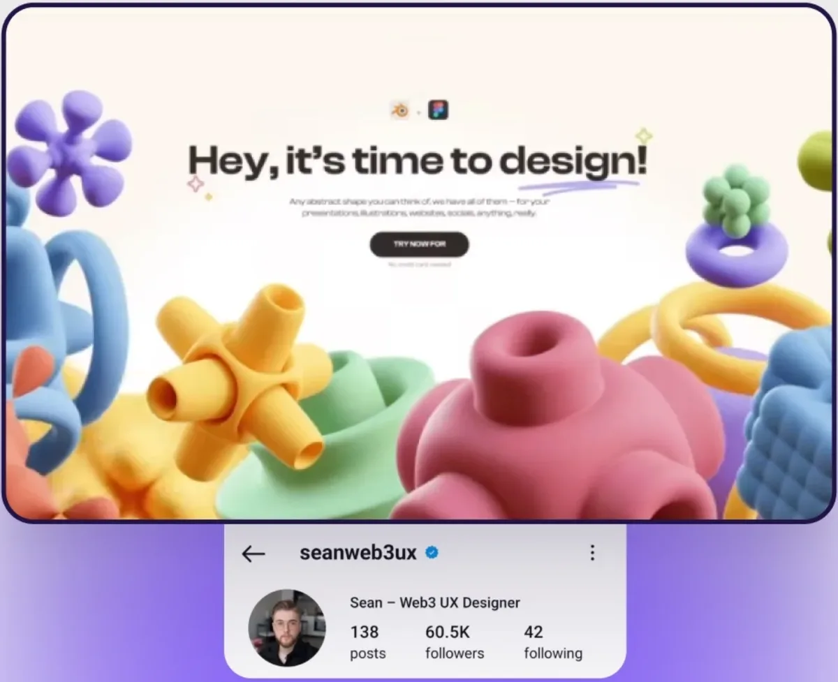 עיצוב מתוך החשבון seanweb3ux: אתר עם צורות תלת מימד צבעוניות
