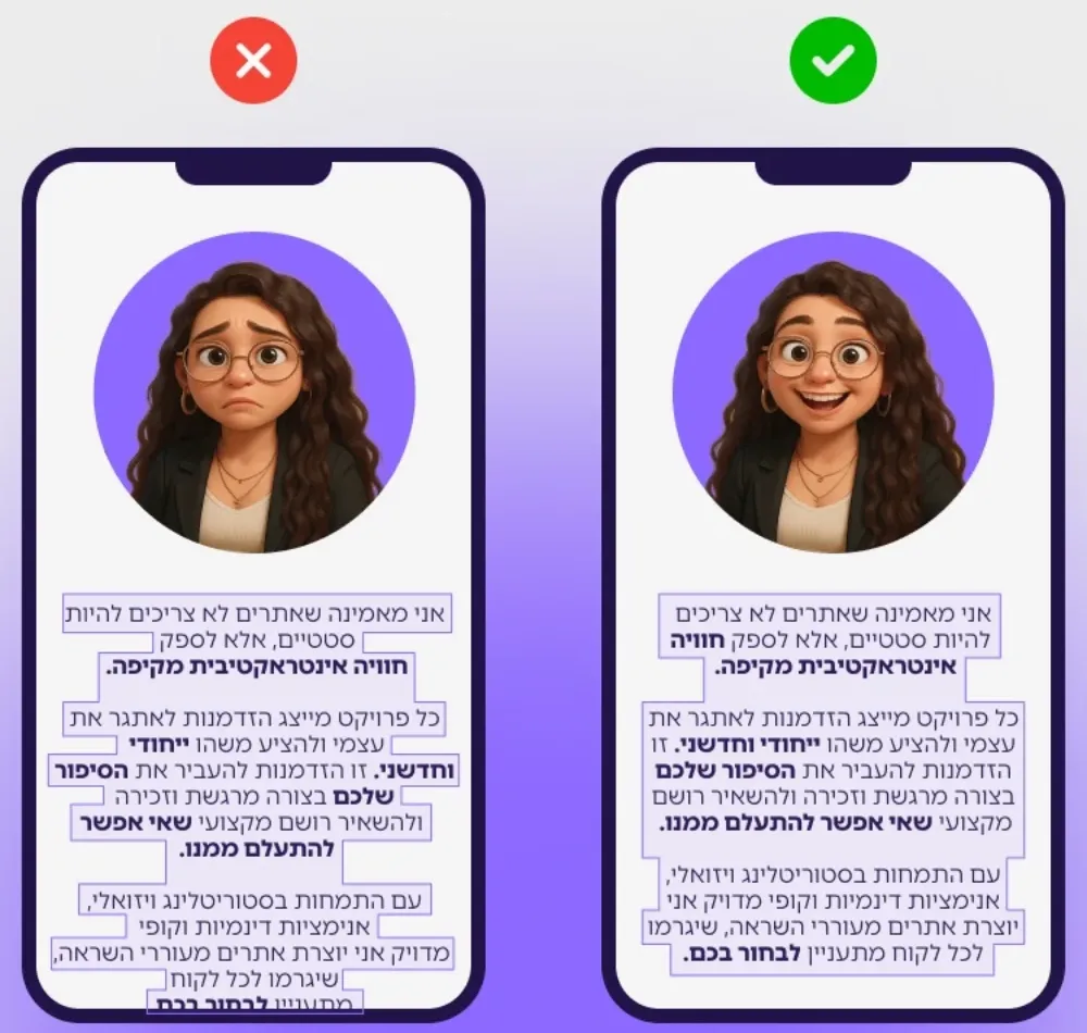 טעות מול נכון: פסקאות שאורך השורות בהן קופץ, מול פסקאות עם שורות באורך דומה