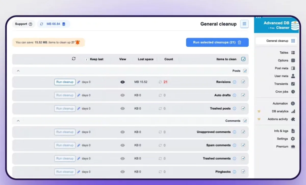 מסך הניקוי של התוסף Advanced Database Cleaner