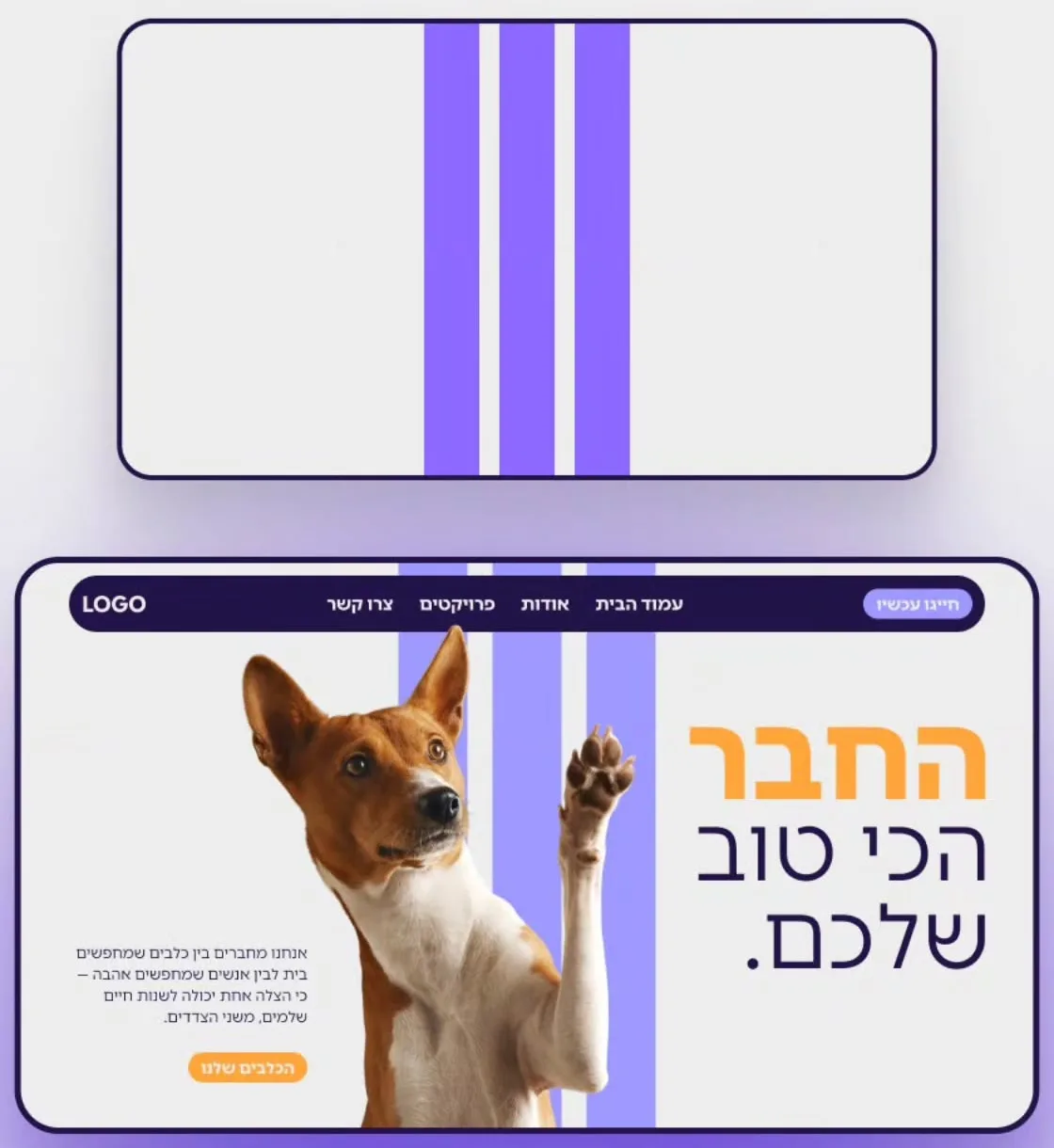 מבנה אדידס: שלושה פסים אנכיים מאחורי התמונה, ודוגמה עם כלב