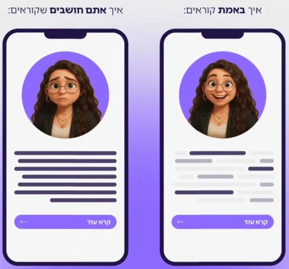 איך אתם חושבים שקוראים מול איך באמת קוראים: פסקה שלמה מול מילים בודדות שנקלטות בסריקה