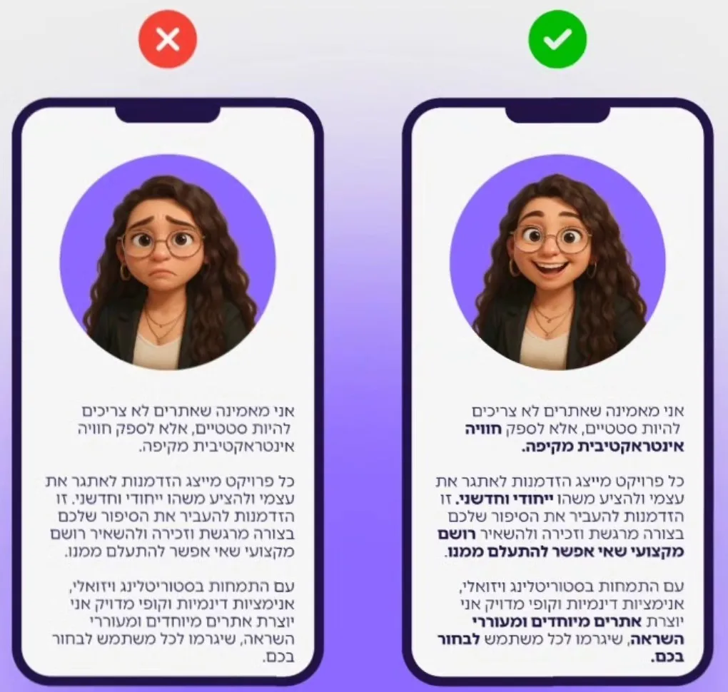 פסקאות בלי הדגשות מול פסקאות עם מילות מפתח מודגשות